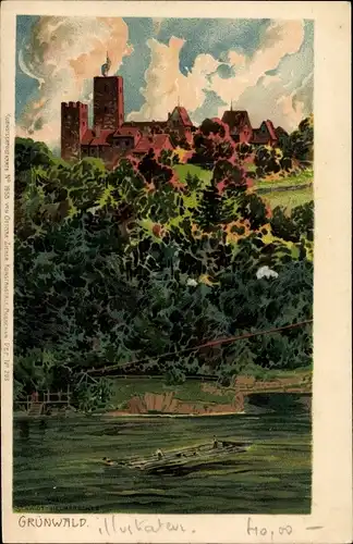 Künstler Litho Schmidt, Grünwald bei München, Teilansicht, Floß