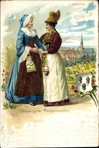 Litho Dingolfing Niederbayern, Bayerische Volkstrachten, Frauen