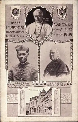 Wappen Ak Köln am Rhein, XX. Internationale Eucharistische Kongress, Papst Pius X., Kardinal Fischer