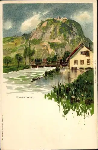 Künstler Litho Biese, Singen Hohentwiel im Kreis Konstanz. Blick auf Fluss, Haus, Brücke und Berg