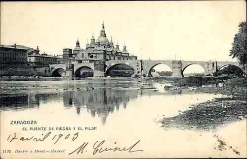 Ak Zaragoza Zaragoza Aragon, Die Steinbrücke und der Pilar