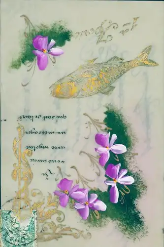 Zelluloid Ak Glückwunsch 1. April, Fisch, Blumen, Kitsch