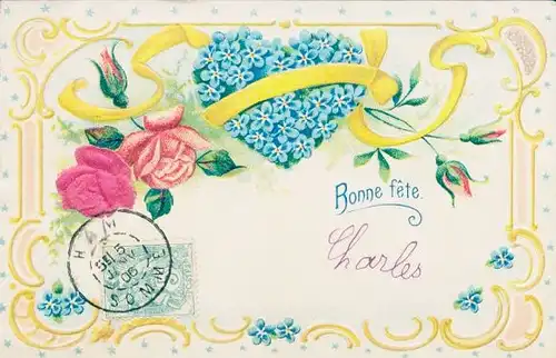 Präge Stoff Ak Glückwunsch, Blumen, Vergissmeinnicht, Rosen