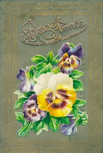 Zelluloid Ak Glückwunsch Neujahr, Stiefmütterchen