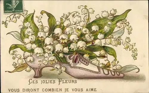 Ak Damenschuh mit Maiglöckchen, Kitsch