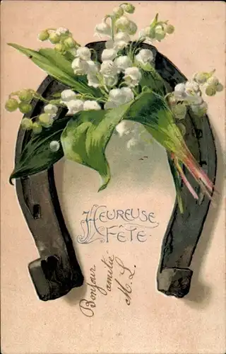 Präge Ak Glückwunsch, Maiglöckchen, Hufeisen