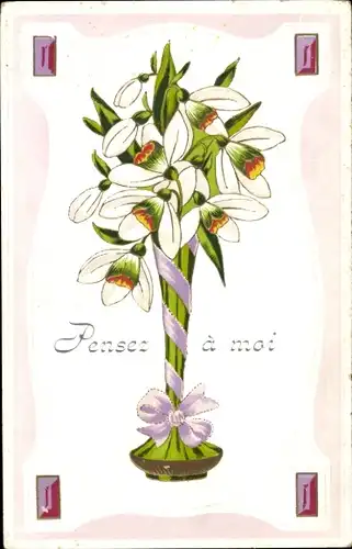 Präge Ak Blumenstrauß, Schneeglocken, Schleife, Kitsch