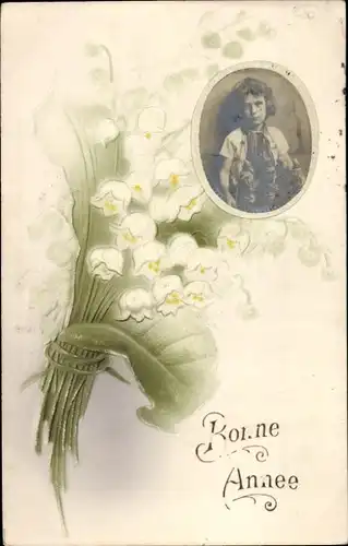 Präge Ak Glückwunsch Neujahr, Maiglöckchen, Blumenstrauß, Kind-Portrait