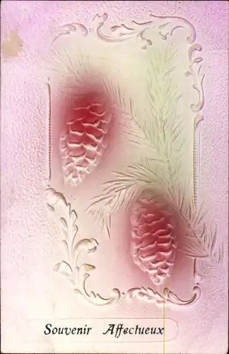 Präge Ak Tannenzweige, Tannenzapfen, Souvenir, Kitsch