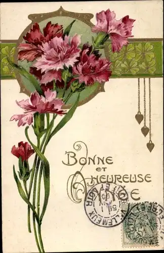 Präge Ak Glückwunsch Neujahr, Glücksklee, Blumen