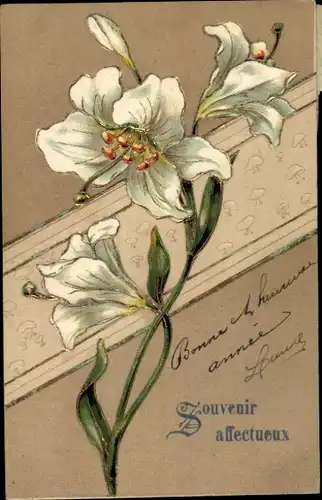 Präge Ak Weiße Blumen, Kitsch