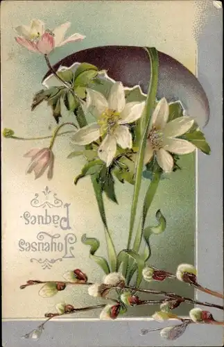 Präge Ak Glückwunsch Ostern, Ostereier, Blumen, Weidenkätzchen