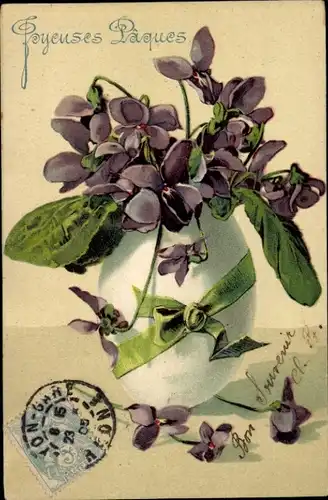 Präge Litho Glückwunsch Ostern, Osterei, Veilchenblüten