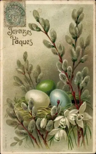 Präge Ak Glückwunsch Ostern, Ostereier, Blumen, Weidenkätzchen