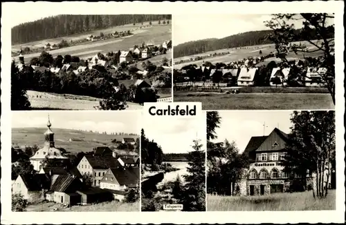 Ak Carlsfeld Eibenstock im Erzgebirge, Teilansichten, Talsperre, Gasthaus