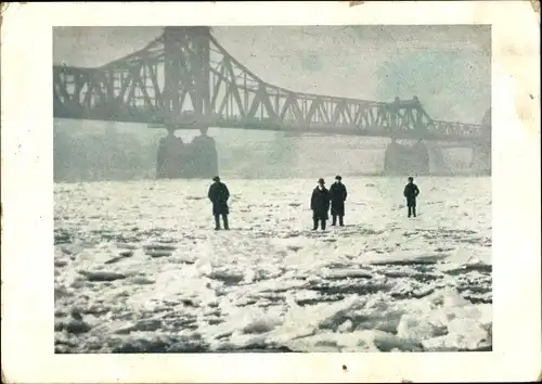 Ak Duisburg im Ruhrgebiet, Der zugefrorene Rhein, Brücke, 20.02.1929