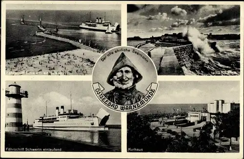 Ak Warnemünde Rostock in Mecklenburg, Seemann, Fährschiff Schwerin, Leuchtturm, Kurhaus