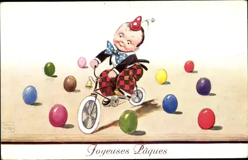 Künstler Ak Wills, John, Frohe Ostern, Junge als Clown auf einem Fahrrad, Ostereier