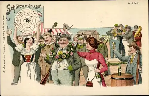 Litho Schützenfest, Schütze, Schießscheibe, Besucher, Sieger, Blumenkranz