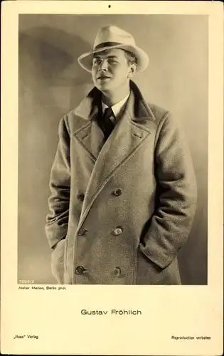 Ak Schauspieler Gustav Fröhlich, Portrait, Hut, Mantel, Autogramm