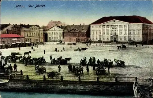 Ak Jelgava Mitau Lettland, Marktplatz, Marktstände