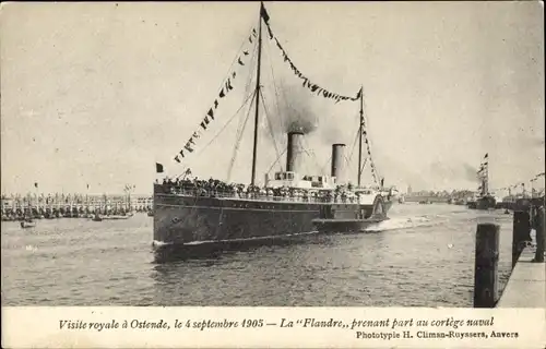 Ak König Leopold II von Belgien, Besuch in Ostende 1905, Raddampfer Flandre