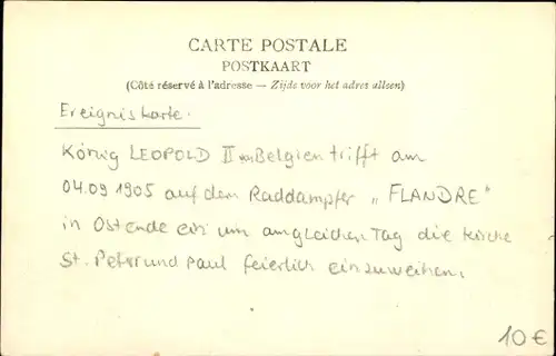 Ak König Leopold II von Belgien, Besuch in Ostende 1905, Raddampfer Flandre