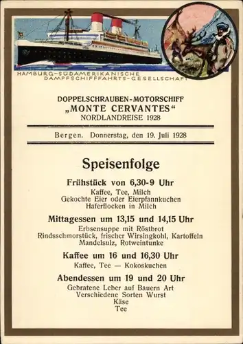 Ak Doppelschrauben Motorschiff Monte Cervantes, HSDG, Nordland-Reise 1928, Speisenfolge