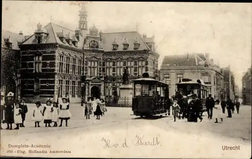 Ak Utrecht Niederlande, Domplein, Akademie, Pferdestraßenbahnen