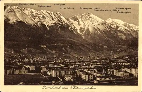 Ak Innsbruck in Tirol, Ortspanorama, Bergkette, Wildauer Spitze, Hafelekar, Rumerspitze