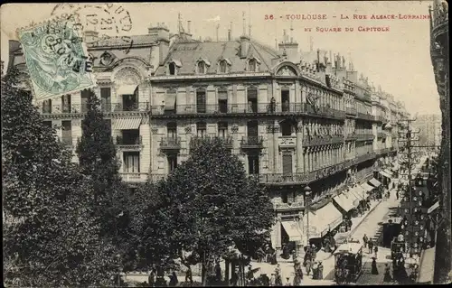 Ak Toulouse Haute Garonne, Rue Alsace-Lorraine, Square du Capitole