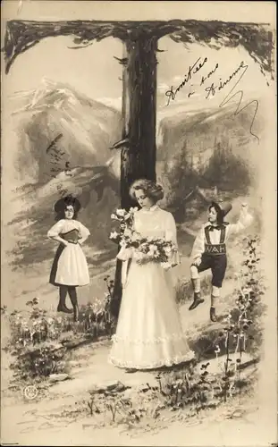 Buchstaben Ak Buchstabe T, Frau in weißem Kleid, Alpentracht, Lederhose