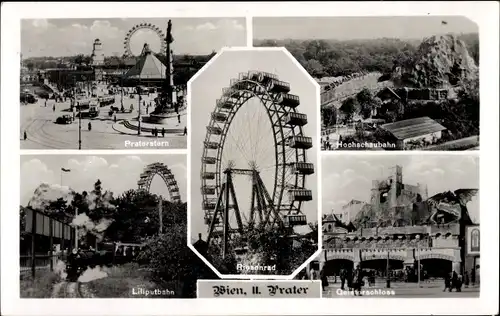 Ak Wien 2. Leopoldstadt, Prater, Riesenrad, Liliputbahn, Geisterschloss