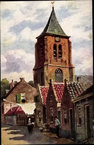 Künstler Ak Gerstenhauer, Johann Georg, niederländisches Dorfmotiv, Kirchturm