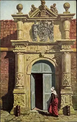 Künstler Ak Gerstenhauer, Johann Georg, Frau in niederländischer Volkstracht vor einem Gebäudeportal