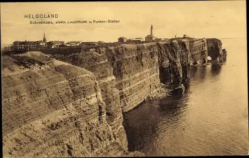 Ak Nordseeinsel Helgoland, Leuchtturm, Funken-Station, Südwestküste