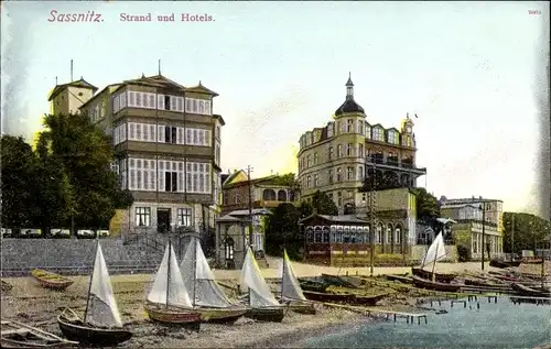 Ak Sassnitz auf der Insel Rügen, Strand, Hotels, Segelboote