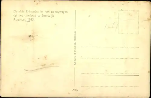 Ak Drei Prinzessinnen der Niederlande, Beatrix, Irene, Margriet, Soestdijk 1945