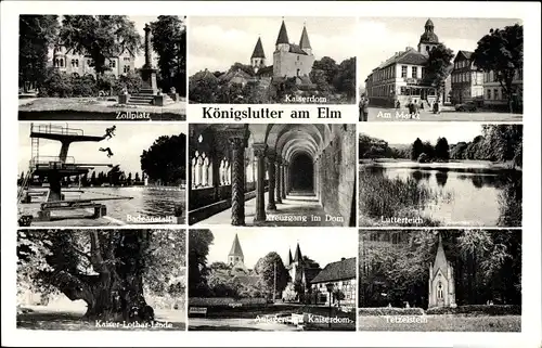 Ak Königslutter am Elm, Zollplatz, Markt, Lutterteich, Kreuzgang im Dom, Kaiser Lothar Linde
