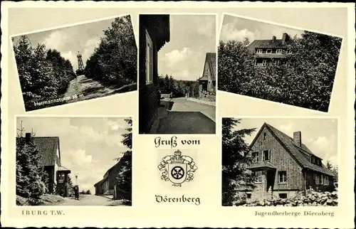 Ak Bad Iburg am Teutoburger Wald, Jugendherberge Dörenberg, Hermannsturm, Wappen
