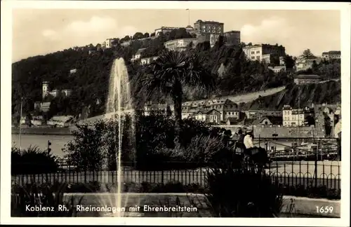 Ak Koblenz am Rhein, Rheinanlagen, Fontäne, Feste Ehrenbreitstein