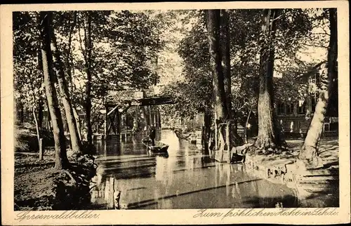 Ak Lehde Lübbenau im Spreewald, Gasthof Zum fröhlichen Hecht, Kahn