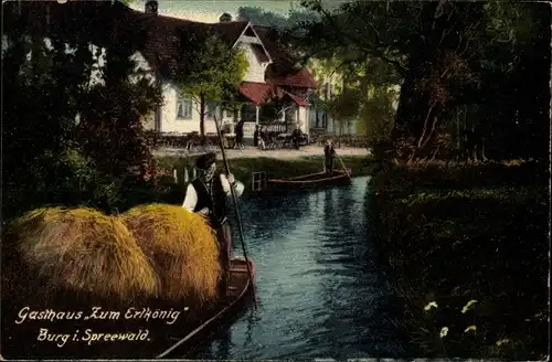 Ak Burg im Spreewald, Gasthaus zum Erlkönig, Kähne