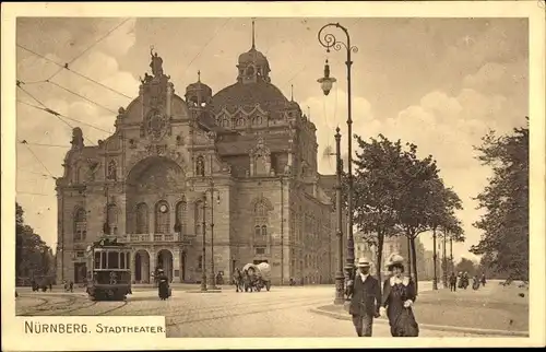 Ak Nürnberg in Mittelfranken, Stadttheater, Straßenbahn, Pferdefuhrwerk