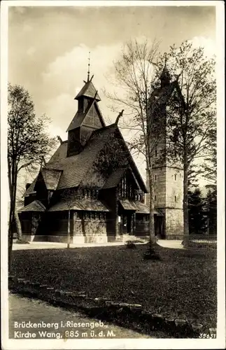 Ak Krummhübel Schlesien, Kirche Wang auf dem Brückenberg im Riesengebirge