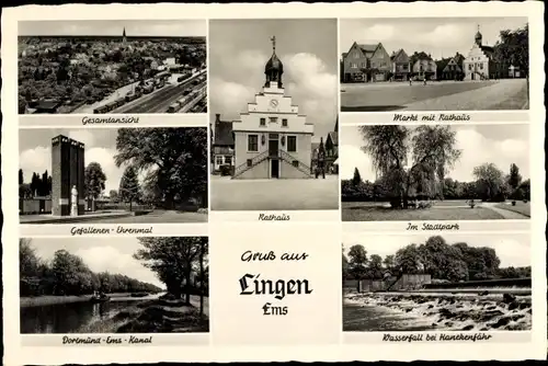 Ak Lingen im Emsland, Kurhaus, Stadtpark, Gefallenendenkmal, Rathaus, Dortmund Ems Kanal