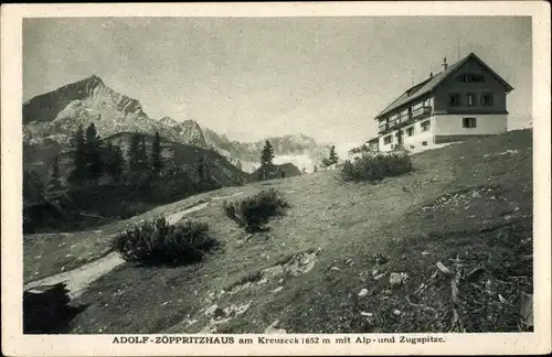 Ak Garmisch Partenkirchen in Oberbayern, Kreuzeckhaus, Adolf Zoeppritz Haus, Zugspitze