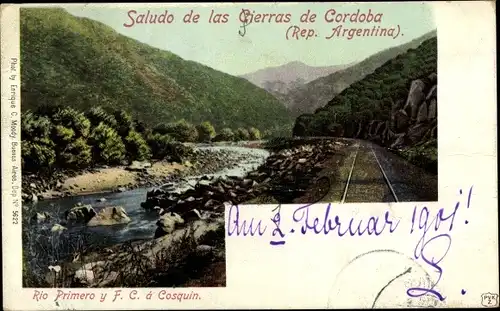 Ak Córdoba Argentinien, Rio Primero y F. C. á Cosquin, Schienen entlang des Flusses