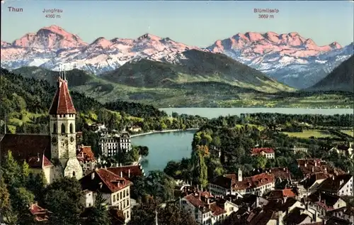 Ak Thun Kt. Bern Schweiz, Stadtansicht, Jungfrau, Blümlisalp