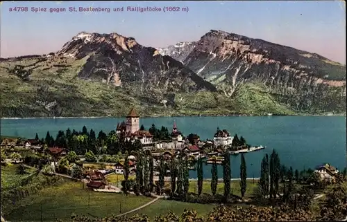 Ak Spiez am Thuner See Kanton Bern, Blick gegen St. Beatenberg und Ralligstöcke